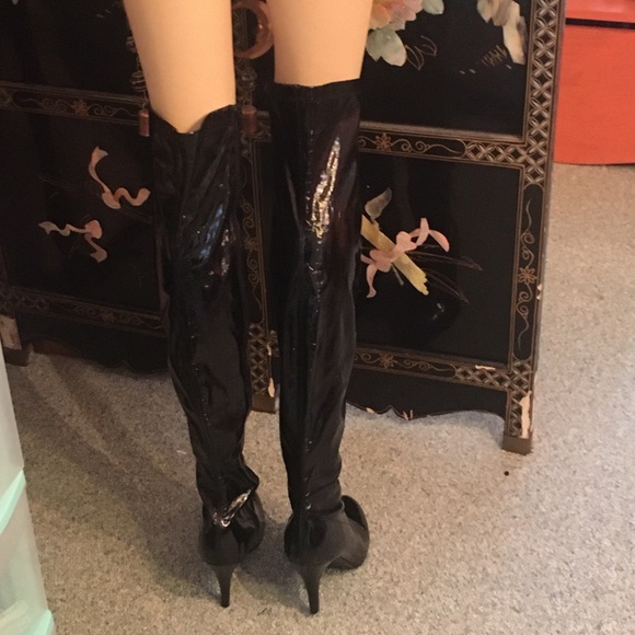 Bewitching Sexy Black Thigh High Patent Vinyl High Heel Boots Spirit Halloween - Picture 2 of 16